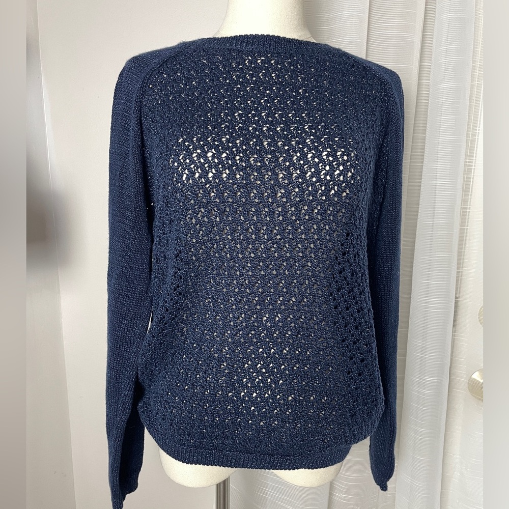 MANGO Crochet Pullover Navy Blue Sweater Size Small